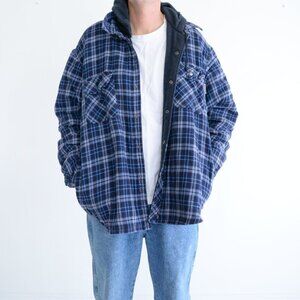 Vintage Work King Navy Blue Checker Fleece Lined Hooded Snap Button Shacket XL
